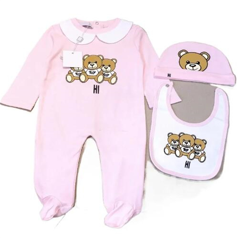 Fashion Luxury Designer Newborn Baby Romper Cotton Clothes Print Cute Cartoon Bear New Born Baby Girls Boys Jumpsuits Hat Bibs Outfit 3pcs/Sets