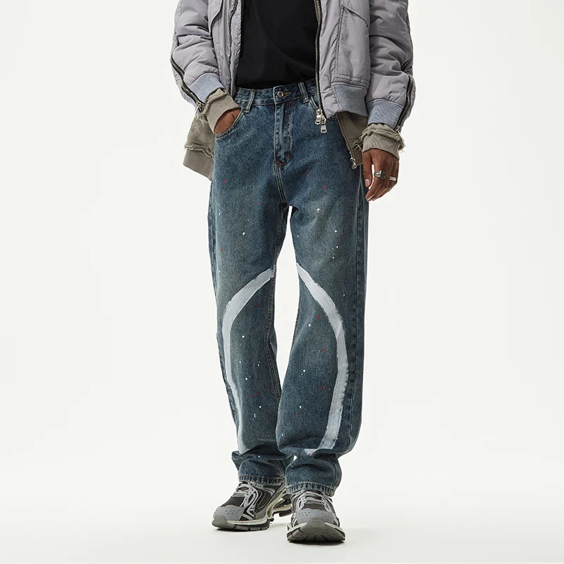 Ted Hand drawn Mens Jeans Autumn and Winter Trends Splash Ink Loose Straight Pants Street Clothing 241205