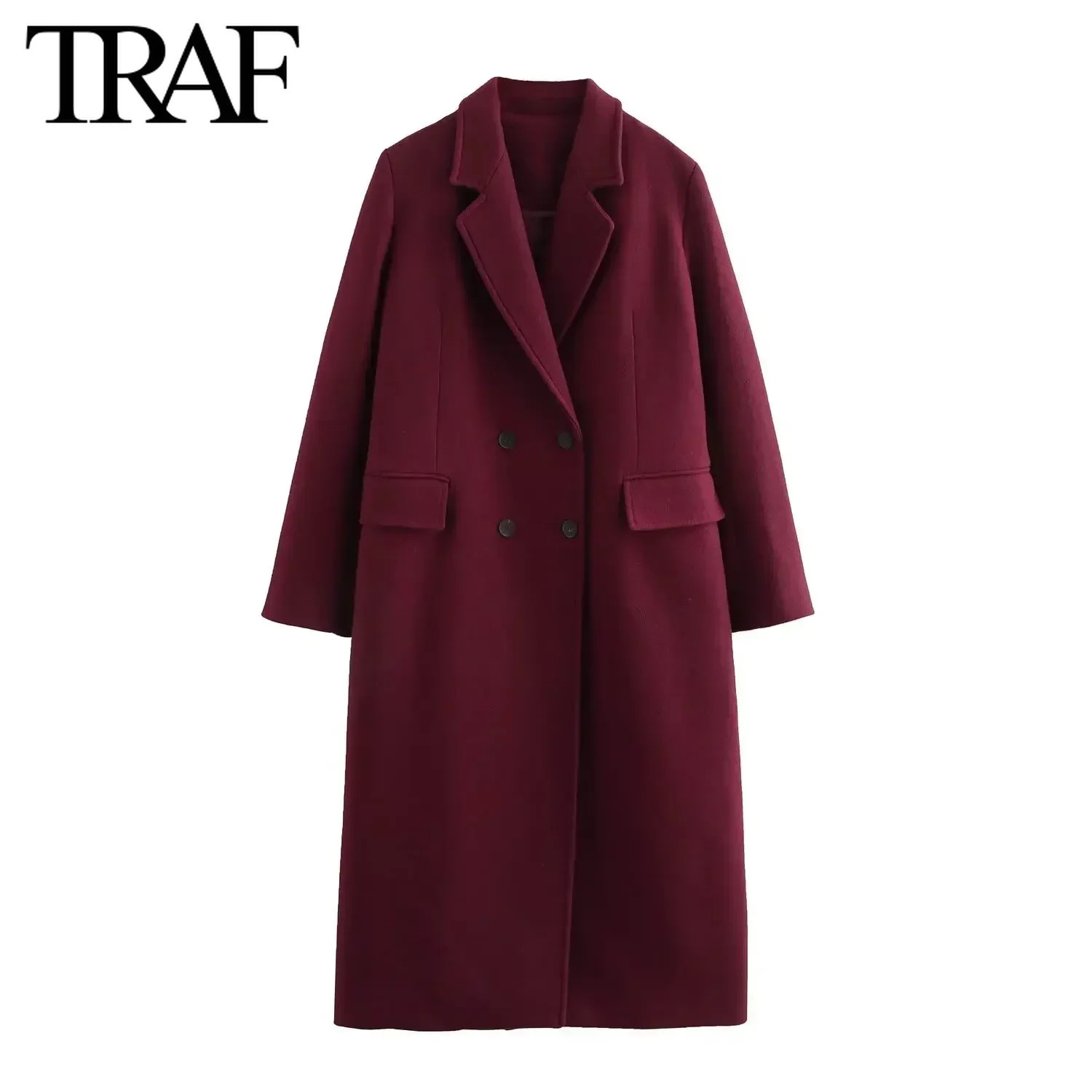 TRAF Burgundy Wine Red Wool Blended Overcoat for Women Fashion 2024 Winter Warm Double Breasted Lapel Long Coat Jacket 241203Z