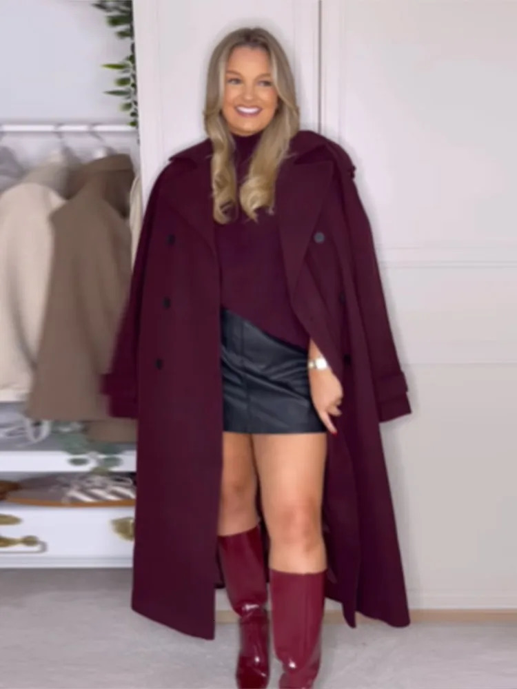 Elegant Burgundy Buttons With Belt Long Coat Women Fashion Lapel Full Sleeves Wool Blends Jacket 2024 Office Lady Outerwear 241203Z