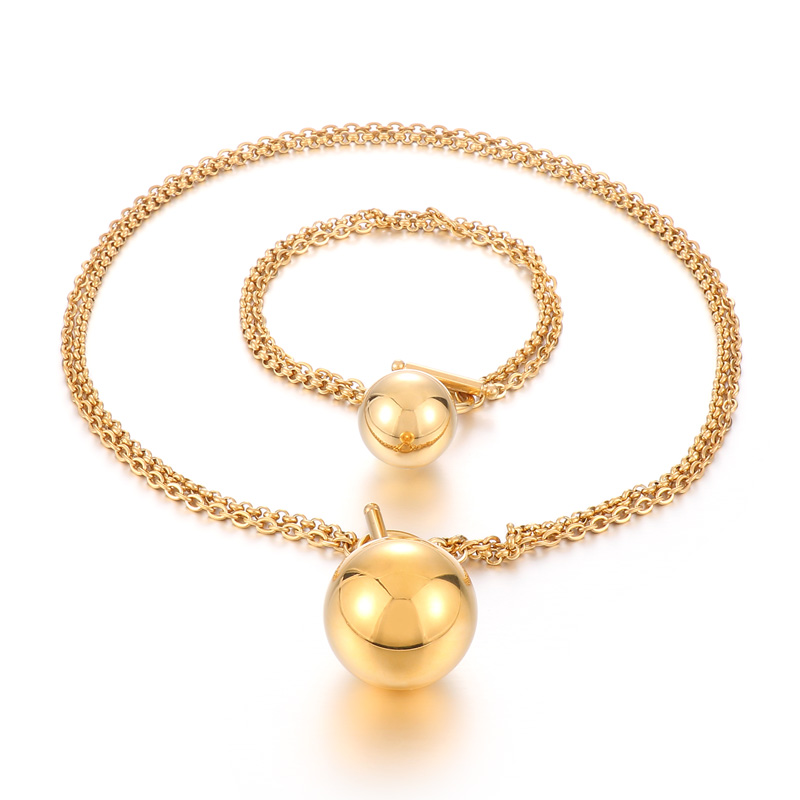 Fashion Women Girls Silver Gold Stainless Steel Round Ball Bead Hollow Pendant Earrings Sets Jewelry Christmas Gift-image-1037014667