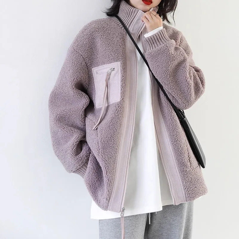 Stand Collar Lamb Wool Jacket Cotton Coat Womens Autumn And Winter Loose Particle Velvet Wind Resistant Warm Motorcycle Suit 241203Z