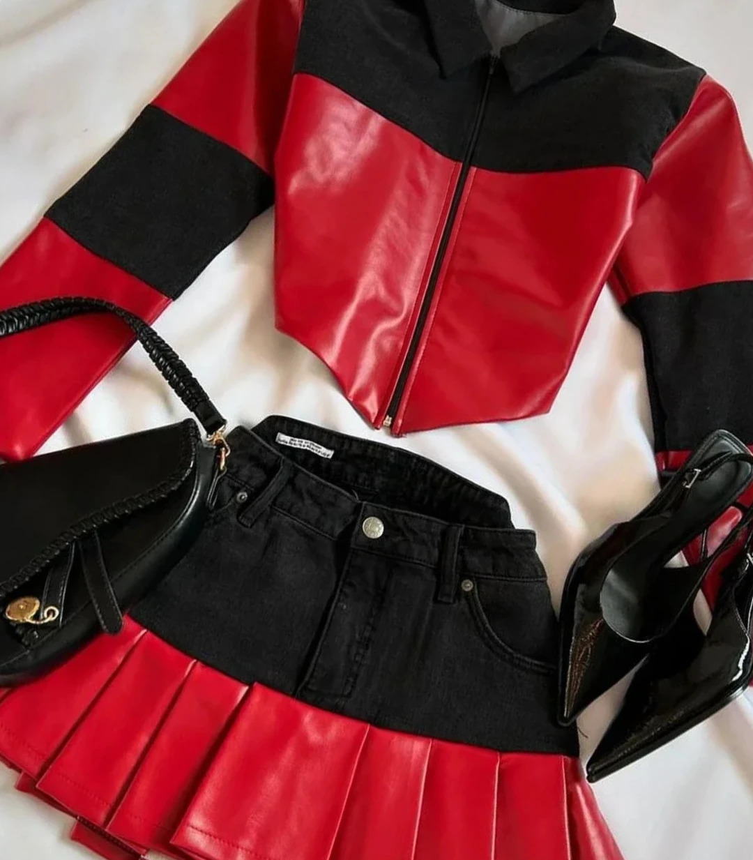 Retro Denim Splicing Leather Two Piece Set Womens Harajuku Autumn Winter Zipper Long Sleeved Jacket Sexy Short Skirt Suitk 241202Z