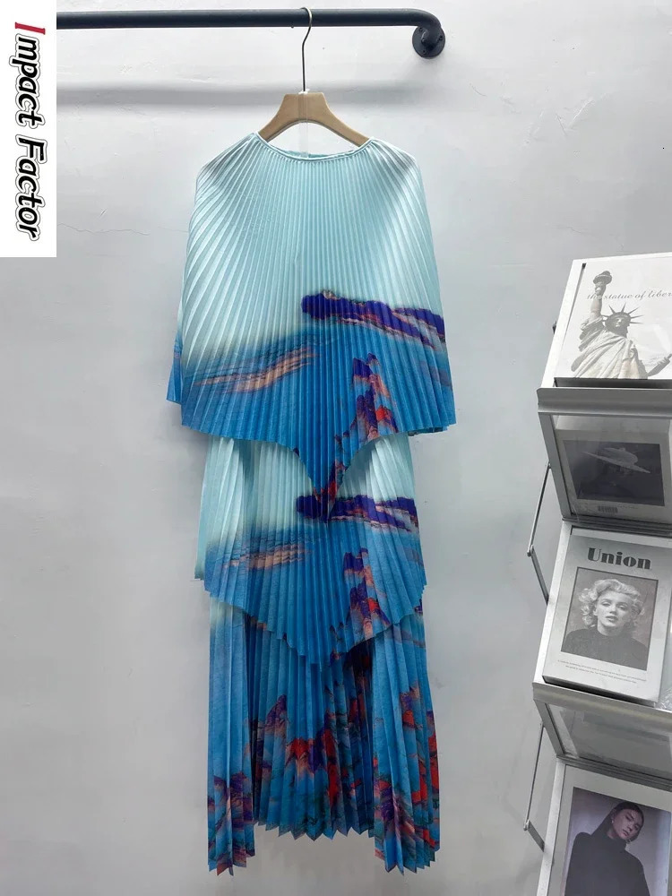 Miyake Suit Fashion Print Design Pleated Set for Women Irregular Tops Aline Patchwork Skirts Contrast Color 2024 Sets 241202Z
