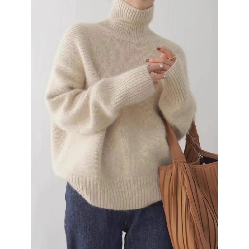2024 Autumn and Winter Thick Cashmere Sweater Women High Neck Pullover Warm Loose Knitted Base Jacket Tops 241203Z