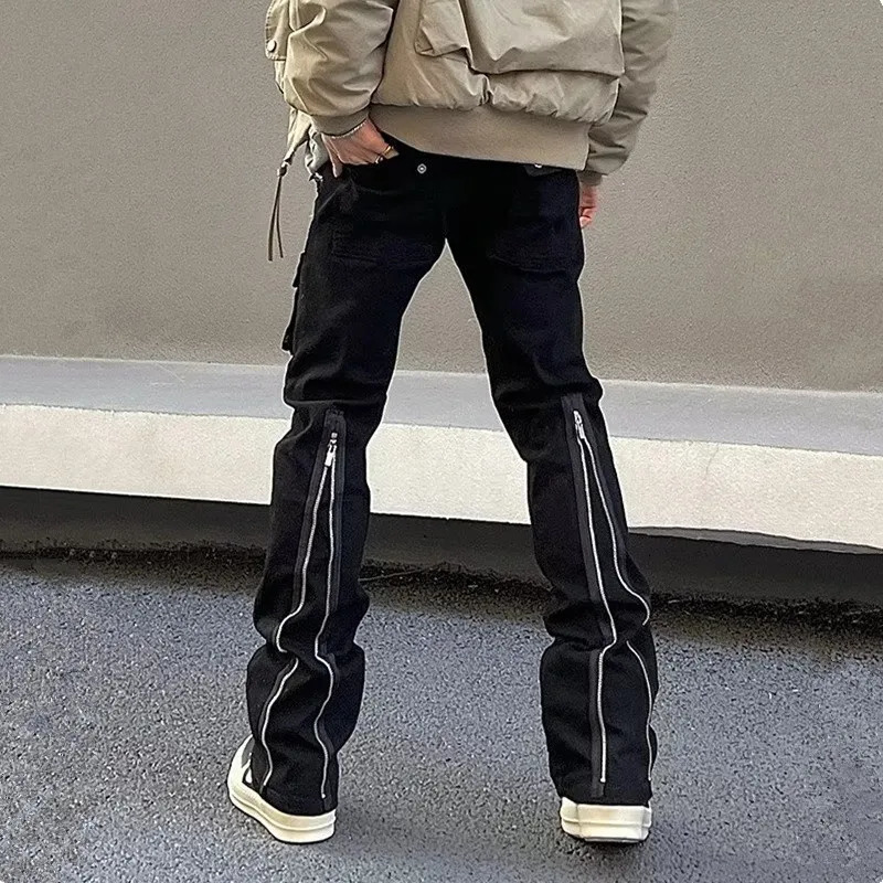 Y2K fashion zipper black flange jeans mens cargo pants clothing straight solid casual pants Ropa Hombre 241205