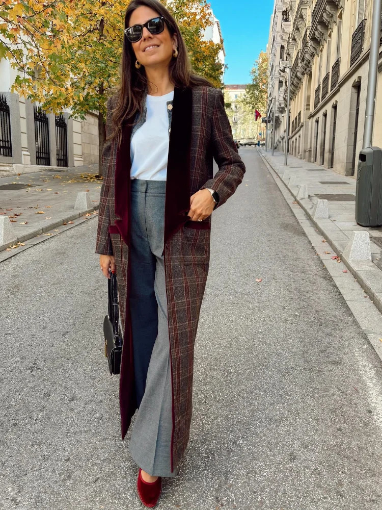 Fashion Colorful Plaid Print Woolen Overcoats For Women Patchwork Turndown Collar Slim Fits Long Coats 2024 High Streetwear 241203Z