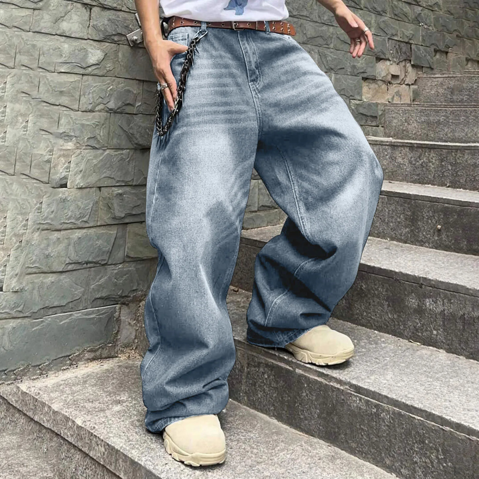 Mens Luggage Hip Hop Jeans Loose Fit Wide Leg Skateboarding Denim Pants Casual Korean Fashion Long Trouser Street Clothing Deep Blue Black 241205