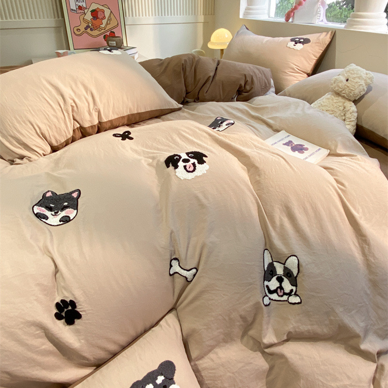 Parure de lit coton lavé uni double face serviette brodée motif cartoon ultra douce housse de couette