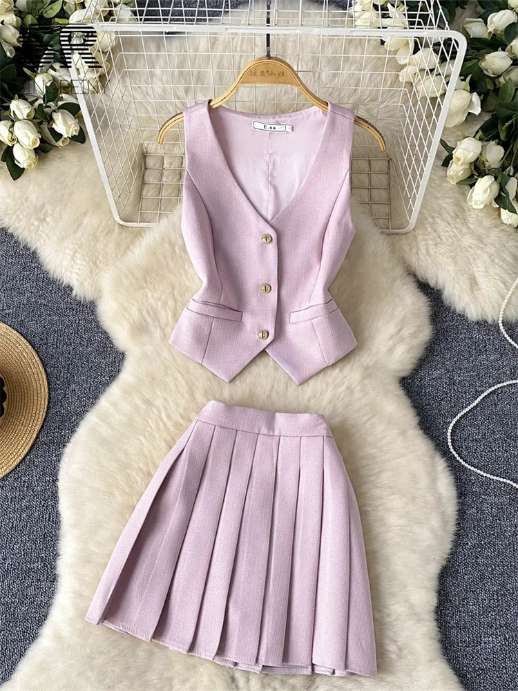 SINGREINY French 2pcs Suit Women Summer Single Breasted Basic CamisoleZipper Design Pleated Skirt Ladies Fashion Two Pieces Set 241202Z