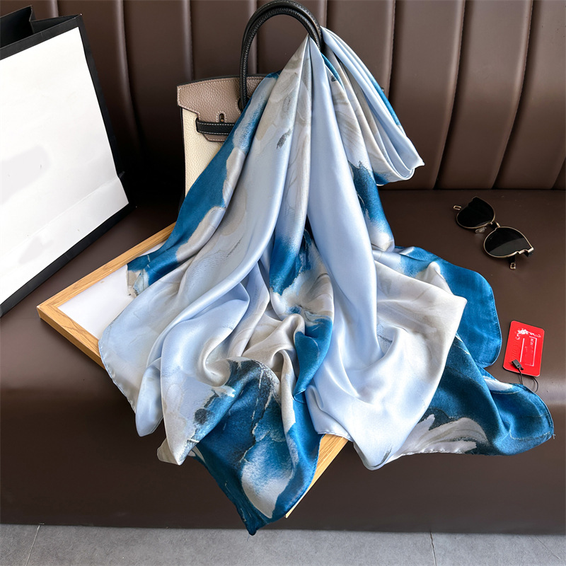 Fashion Blue imitate Silk Spring Chiffon Stripe Flower Print Beach Towel For Women Girl Sunscreen Thin Gauze Scarf Long Scarves Wrap XL157