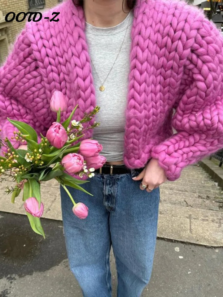 Coarse Twist Knit Womens Cardigan Rose Loose Long Lantern Sleeve V-neck Female Short Sweater 2024 Autumn Winter Lady Knitwear 241210
