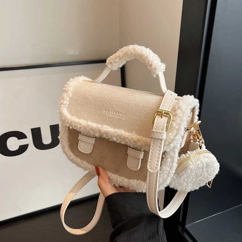 Winter New Womens Plush Small Square Color Comparison Design Single Shoulder Cross Bag Brown Handbag Z250312