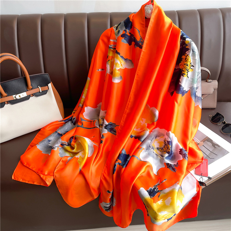 Fashion imitate Silk Spring Luxury Chiffon Stripe Flower Print Beach Towel For Women Girl Sunscreen Thin Gauze Scarf Long Scarves Wrap XL91