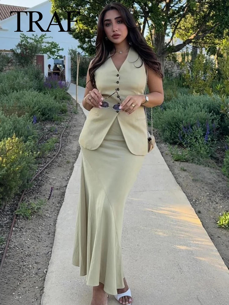 TRAF Women 2024 Fashion Summer Vest Skirt Sets Khaki V-Neck Sleeveless Pockets WaistcoatsHigh Waist Asymmetrical Skirt Suits 241210