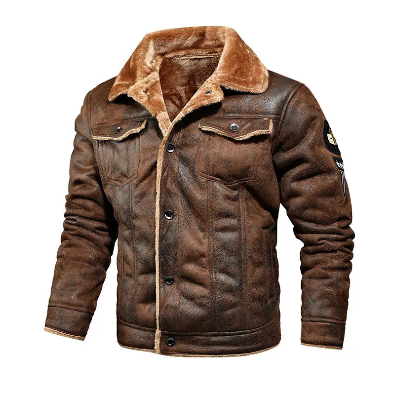 Men Autumn Winter Leather Bomber Jackets Motorcycle Retro Faux Fur Coat Male Thicken Fleece Pilot Black Brown Pu Coats 241202Z