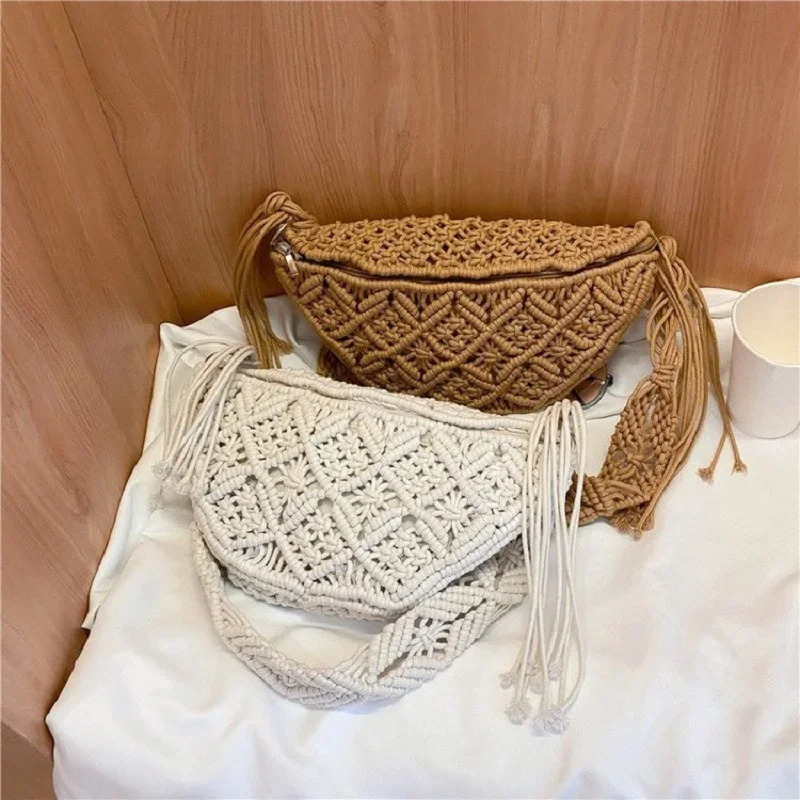 Womens Summer Beach Knitted Bag Bohemia Fanny Pack Fashion Ethnic Style Crochet Waist Shoulder Woven Outdoor Tote 2024 241203Z