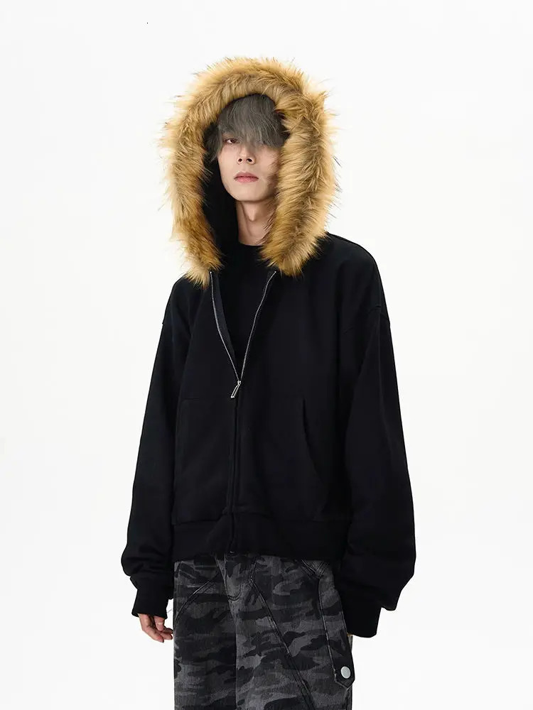 Autumn and winter vintage fur collar hoodie Y2K casual trend zipper hoodie mens street hip-hop gothic punk Harajuku loose sportswear 241209