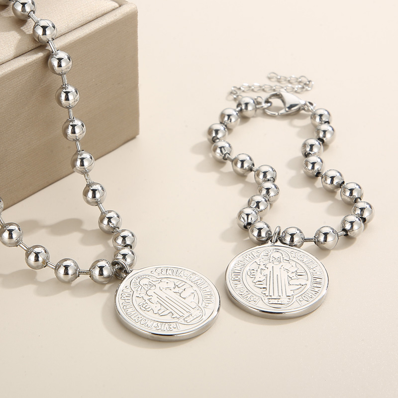Fashion Women Girls Women Silver Gold Stainless Steel Round Black White Stone Pendant Earrings Sets Jewelry A Gift-image-1046639700