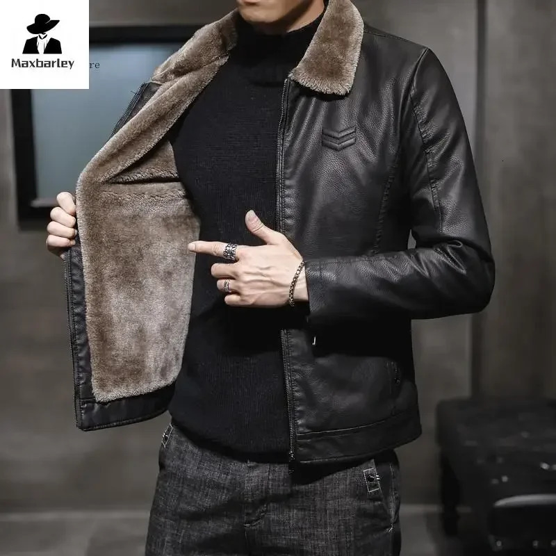 Autumn and Winter Leather Jacket Mens Business Thickened Faux Fur Collar Windproof Warm PU Coat Brand Motorcycle 241202Z