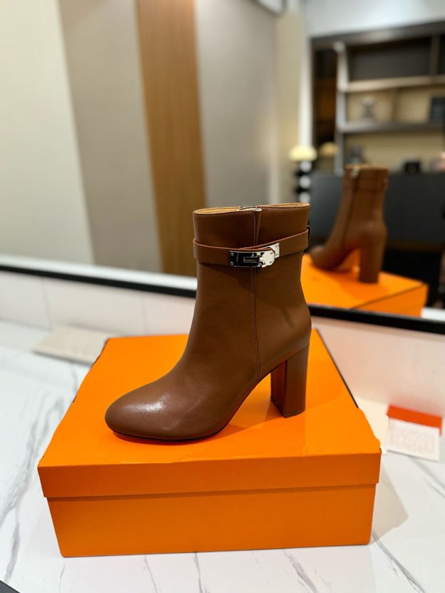 Buckle style women's thick heel ankle boots, genuine leather kitten heel boots, zipper round toe slim high heels, fashionable boots 35-42
