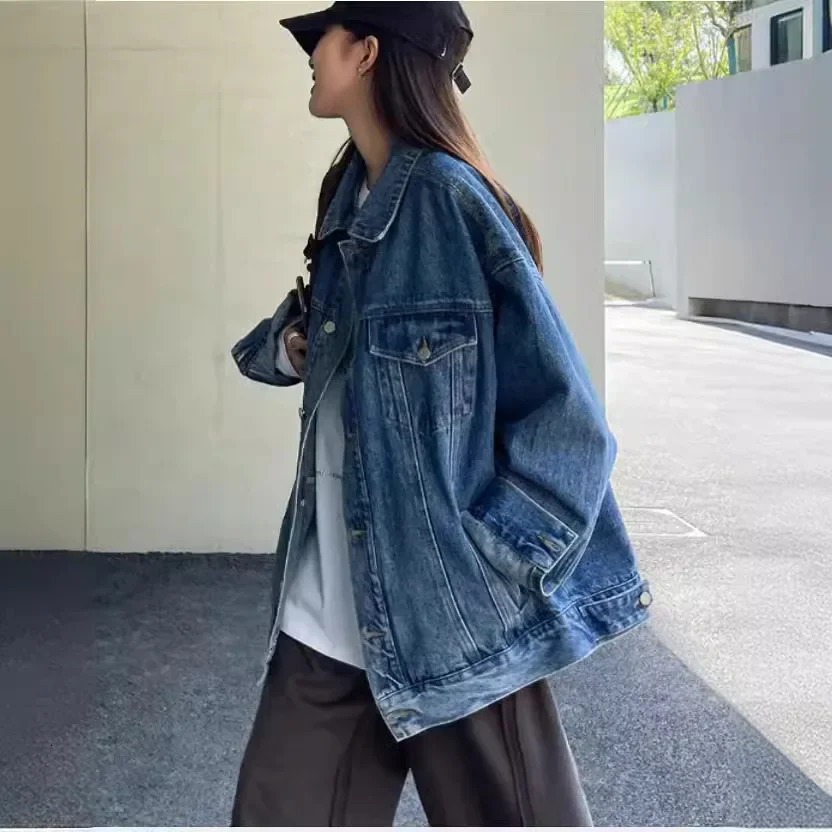 Fashionable retro denim womens jacket loose fitting spring and autumn clothing fashionable cotton jacket 241206