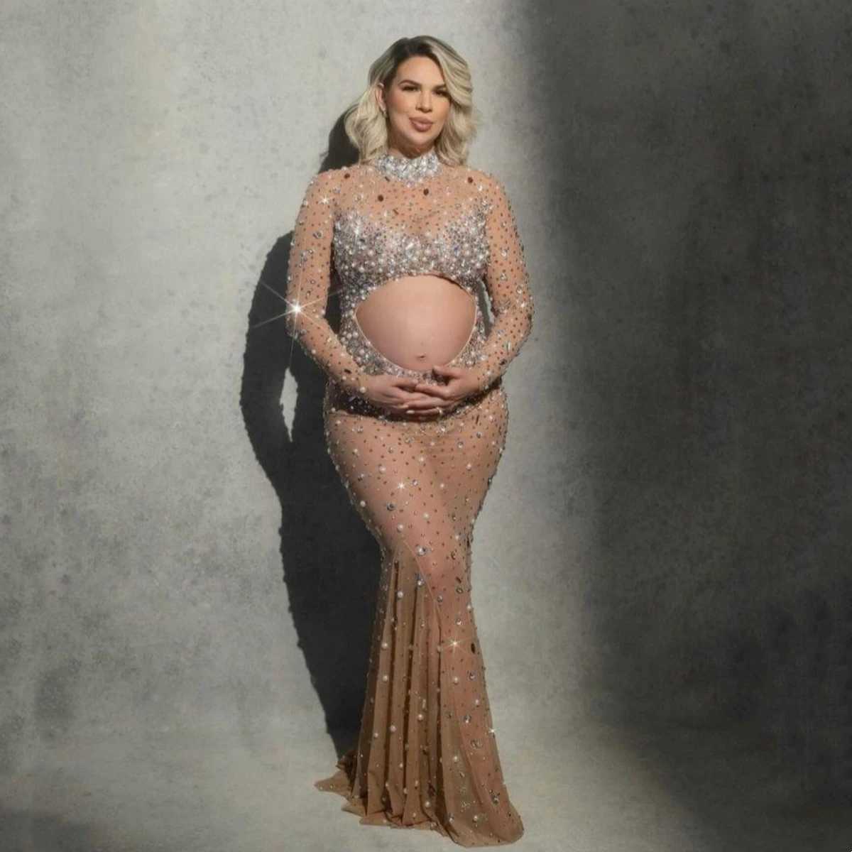Rhinestone maternity with sparkling hollow abdomen full sleeve elastic sheer dress used for pregnancy photography W241211-image-1073754832