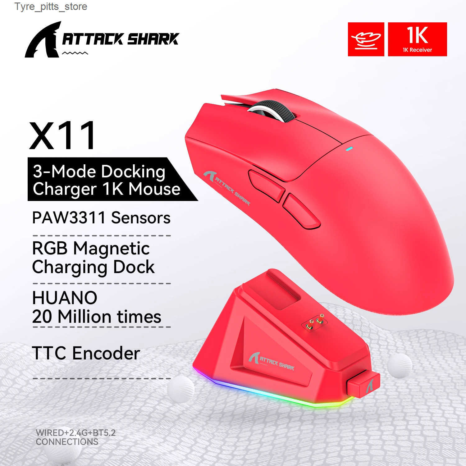 Mice Attack Shark X11 Wireless MouseBluetooth/2.4G/wired Tri-Mode Mouse PAW3311 RGB Magnetic charging dock Gaming Mouse L260523-image-1037451700