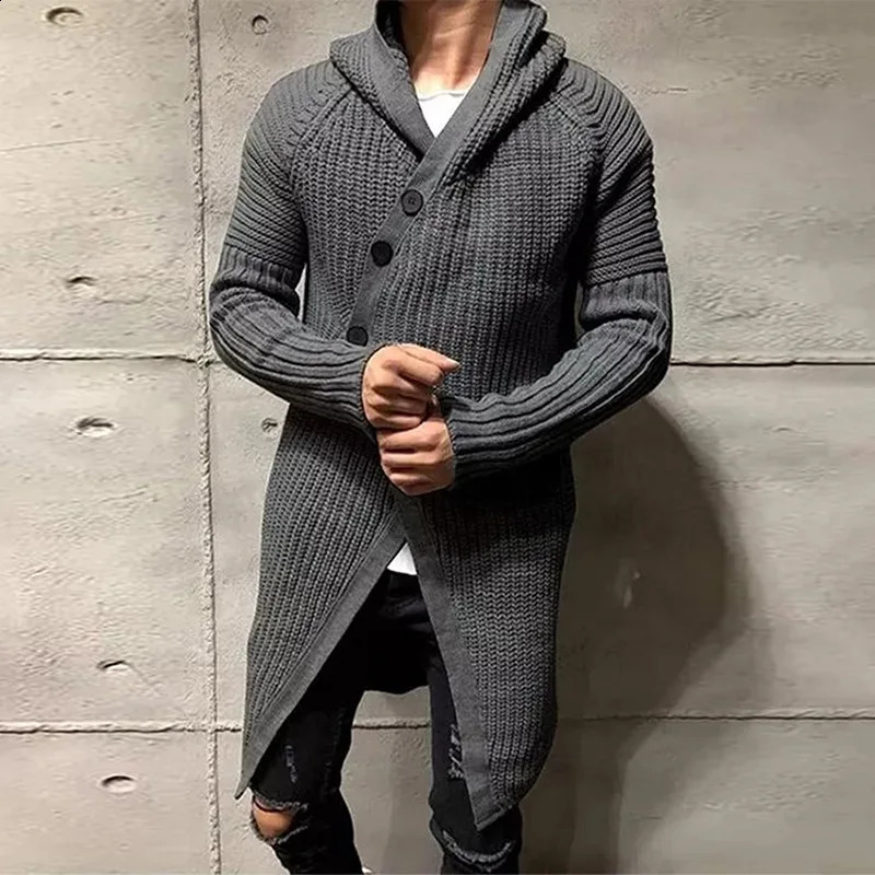 European and American Mens Fashion Casual Solid Color Sweater Midlong Hooded Knitted Cardigan Coat for Autumn Winter 241202Z