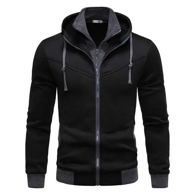 Mens fashion jacket casual slim fit contrasting color hooded cardigan hooded sweatshirt thin jacket W241210