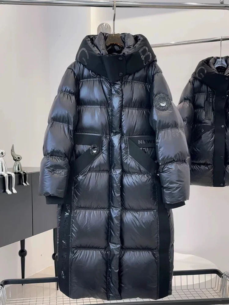 Bright Face Thicken Down Jacket Winter Hooded Stamping Letter Mid-Length Men Women Fashion Loose White Duck Puffer Coat 241211