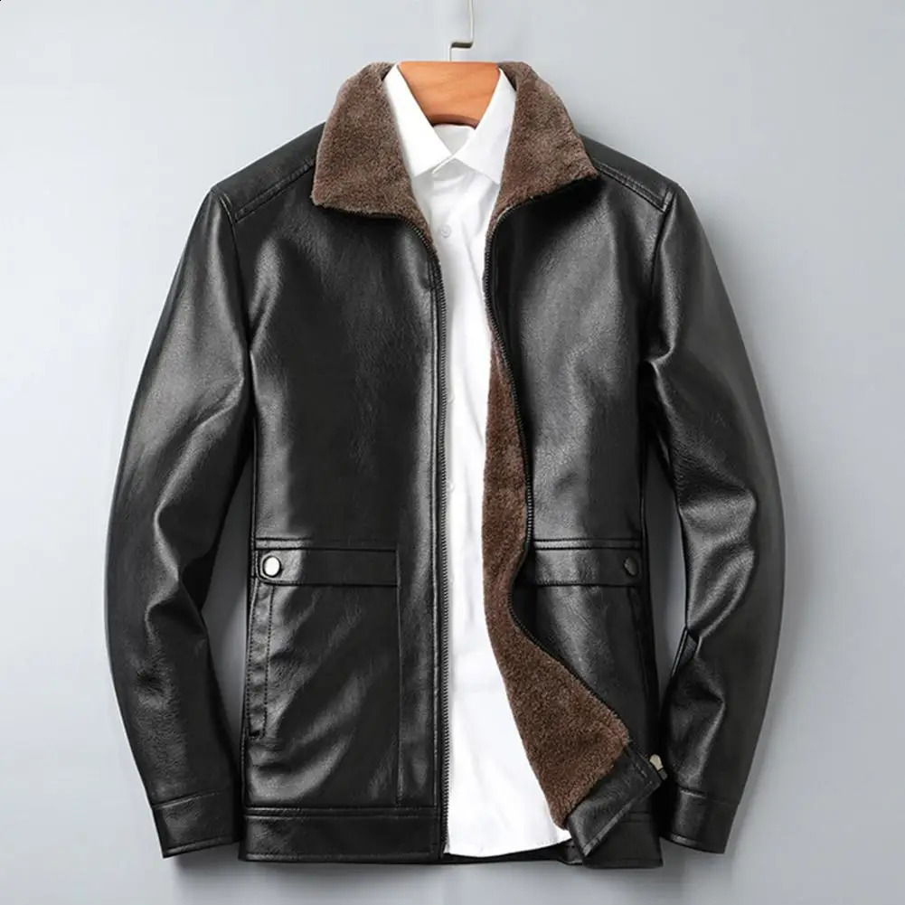 Vintage Leather Jacket Mens Winter Faux Fur Collar Windproof Warm Coat Clothing Plush Lining Biker Outerwear 241202Z