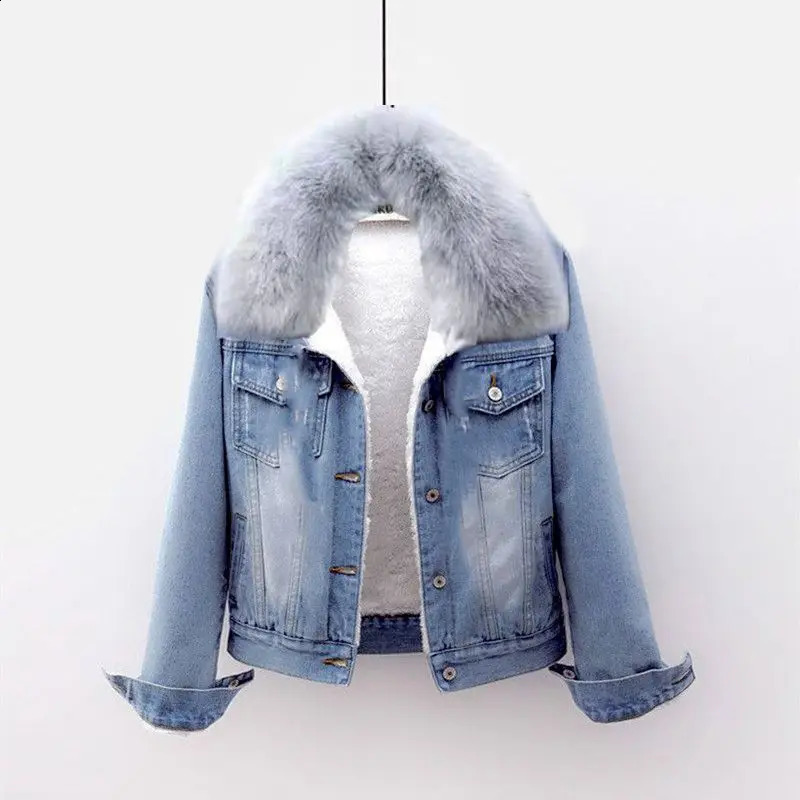 Autumn Winter Denim Jacket for Men Women Stylish Thickened Fleece n Warm Thick Fur Collar Versatile Outerwear Jeans Parkas 241202Z