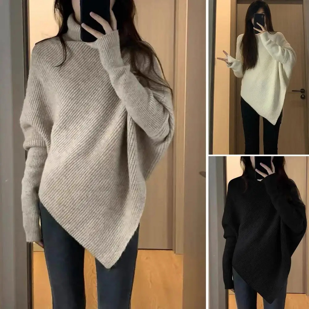 2024 Women Pullover Turtleneck Sweater Autumn Long Sleeve Slim Elastic Korean Simple Basic Loose Jumper Solid Color Lady Top 241203Z