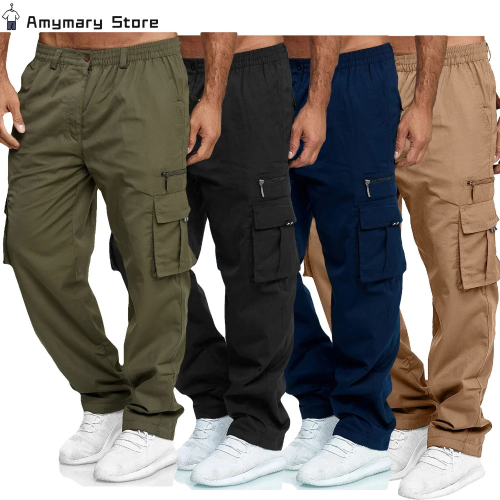 Summer Mens Cargo Trousers Elastic Waist Multi-pocket Casual Combat Work Pants Outdoor Fitness Sports Long Pants S-4XL 241211