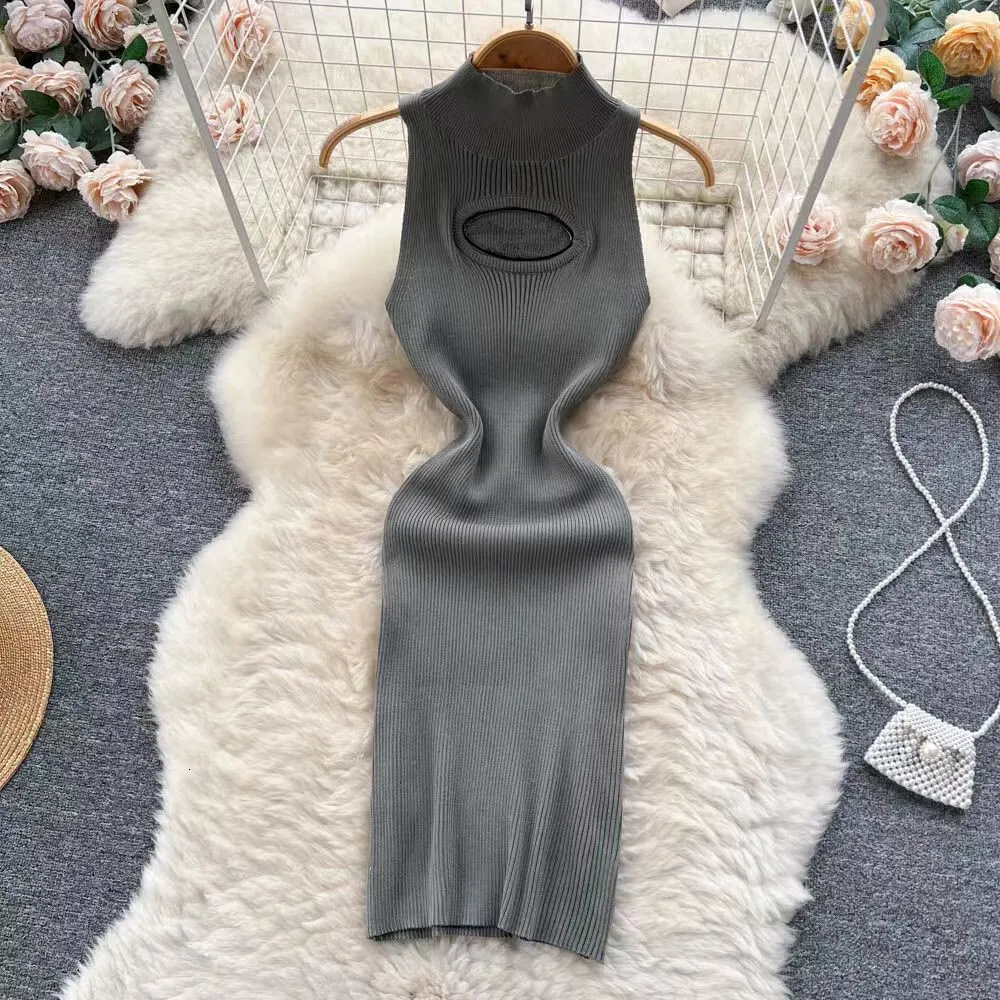 Women everyday Casual Dress Sexy Hollowed Out Women's Designer Medium To Long Sleeveless Vest Slim Fit Hip Knit Tight Fitting Wrapped Skirt Lad