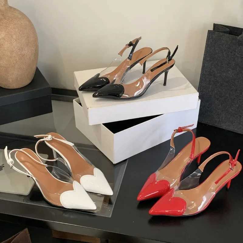 Sandals New Summer Womens High Heels Pointed Toe Love Heart Medium High Heels with Skirt One-strap Sandals Back Empty Single Shoes S260325