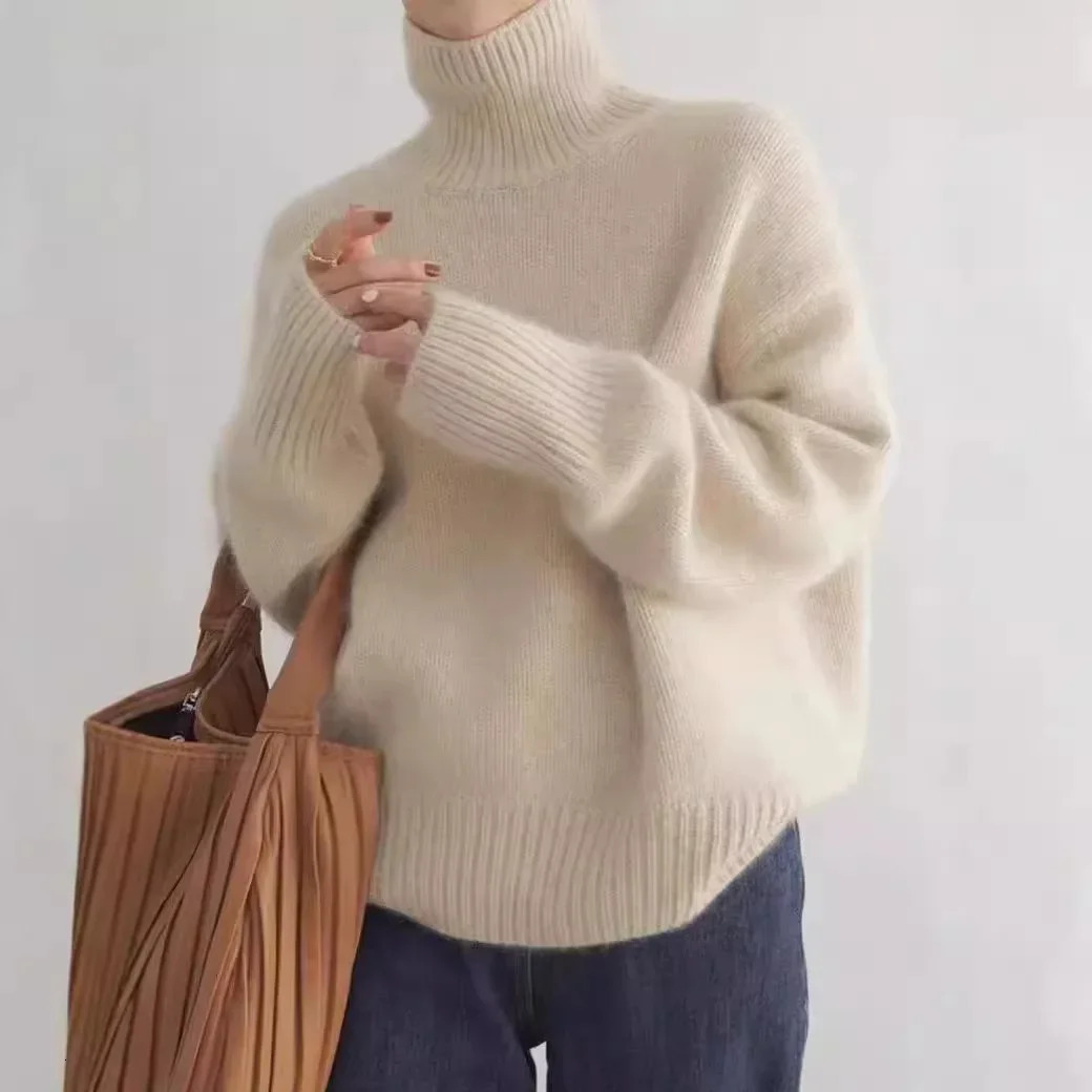 Korean Version Lazy Turtleneck Knit Sweater Womens Autumn and Winter Solid Color Loose Pullover SweaterComfortable Casual 241203Z