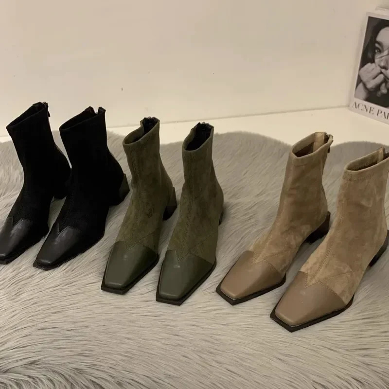 Autumn Winter Woman Ankle Boots Fashion Fur Suede High Heel Short Boats Women Shoes Ladies Elegant Square Toe Roma Bootties 241212