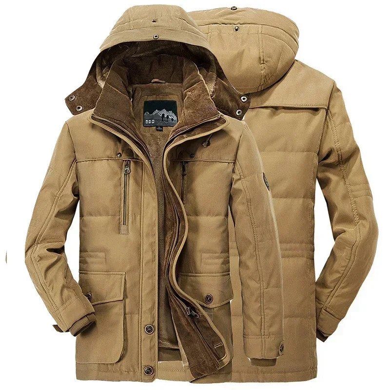 Winter wool warm Parka mens skiing camping thick thread windproof cushion jacket fashionable hooded retro long 241212Z