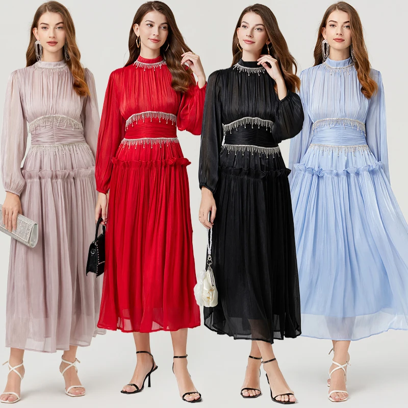 Robes décontractées piste d'été français luxe de luxe brillant diamants chaîne pivottes plissées robe de bal de bal des femmes qualité