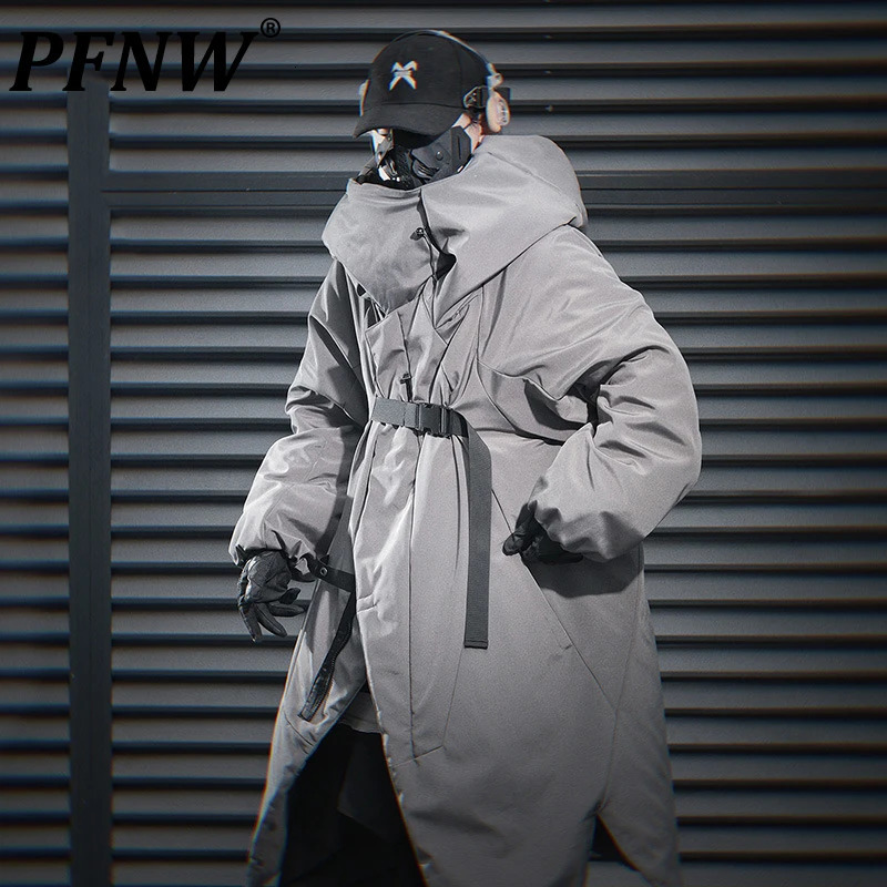 PFNW Heavy Industry 2024 Winter Techwear Black Irregular Long Cotton Clothing Mens Loose Casual Hooded Padded Coat 12C1636 241212Z
