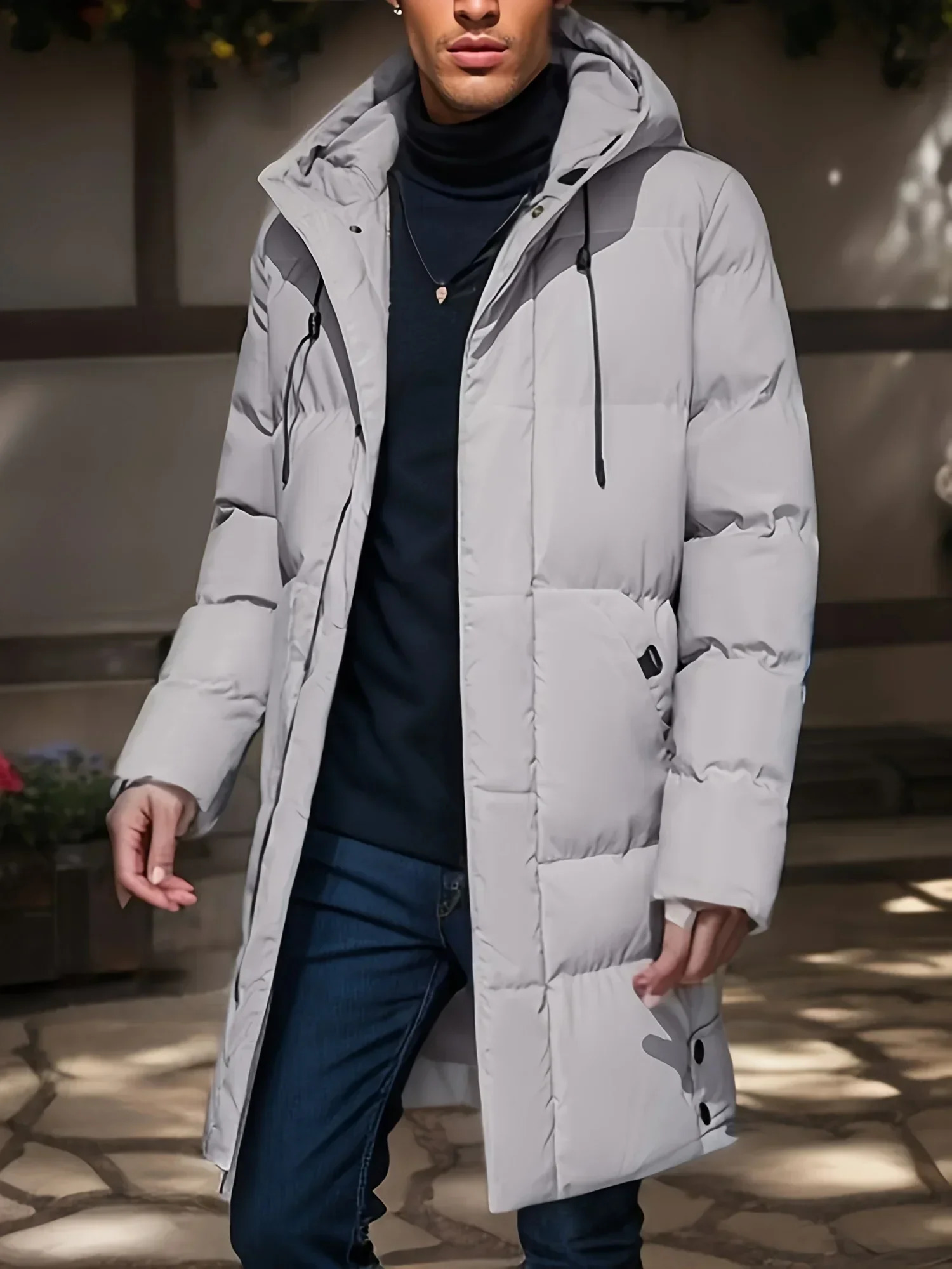 2024 Warm hooded mid length jacket mens casual zipper cotton apron autumn and winter windproof clothing 241212Z