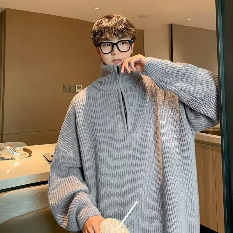Fashionable Knitted Floral Sweater Half height Zipper Mens Casual Loose Bottom Jacket Youth Fashion Spring and Autumn 241213Z