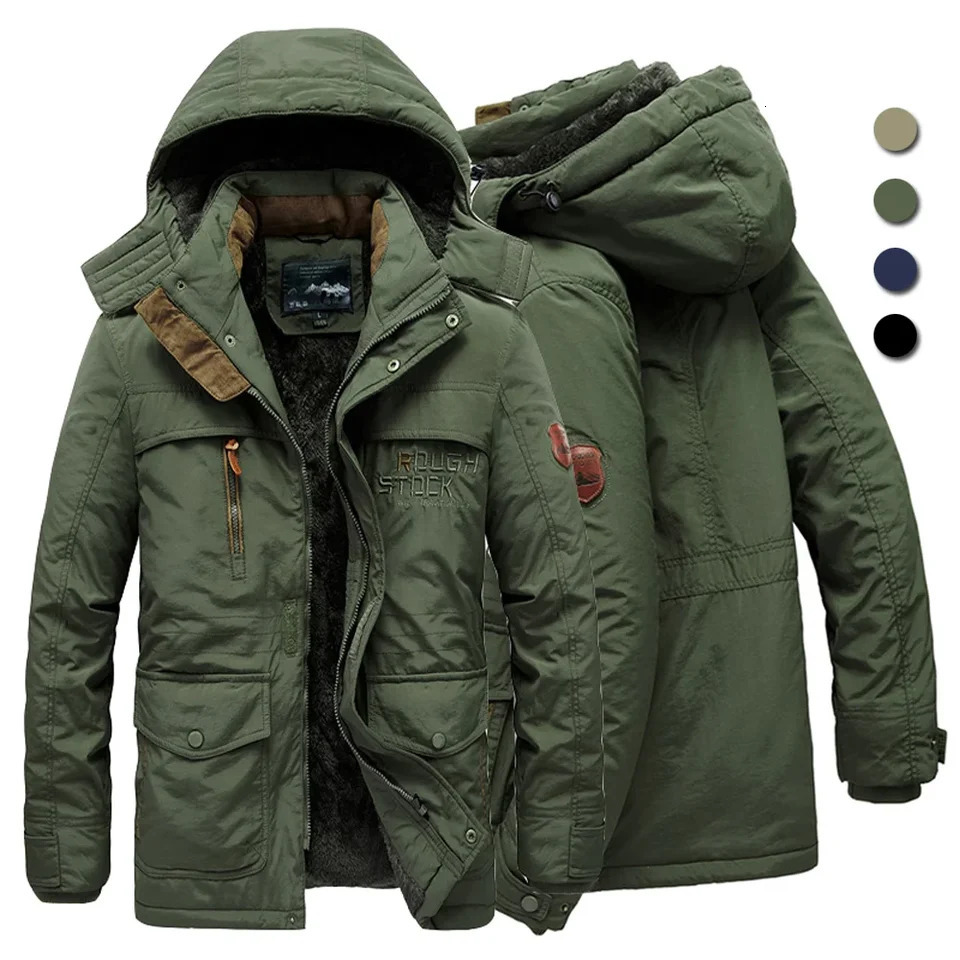 Mens Winter Jacket Fleece Linning Outdoor Parka Coat Hooded Windbreaker Military Thick Warm Outerwear Big Size 6XL Multipocket 241212Z