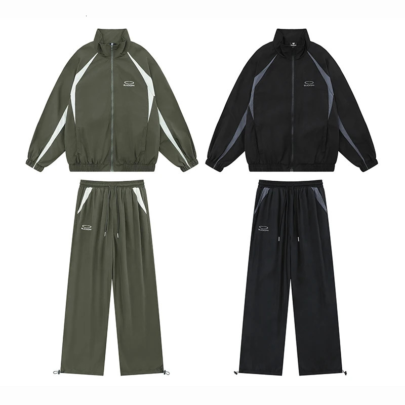 Casual Sports Mens Loose Splicing Work Striped School Team JacketPants Street 2 piece Black Fashion Set Europe 241213