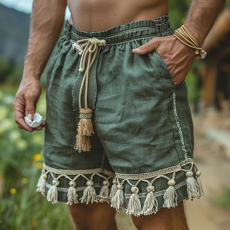 Summer Trendy Solid Color Tassel Mens Short Vintage Men Fashion Drawstring Beach Soft Breathable Tracksuit Pants 241213