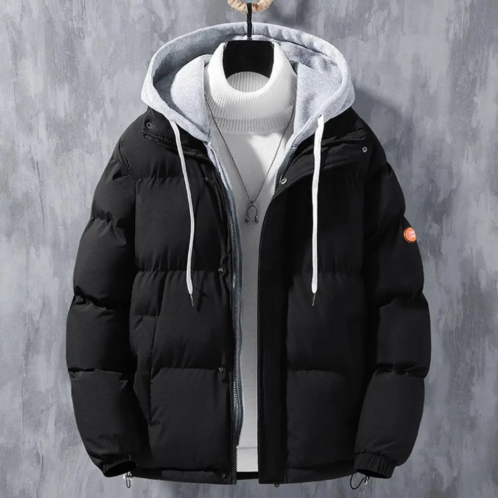 Mens winter hooded long sleeved jacket with two pockets and zipper board windproof thick cotton 241212Z