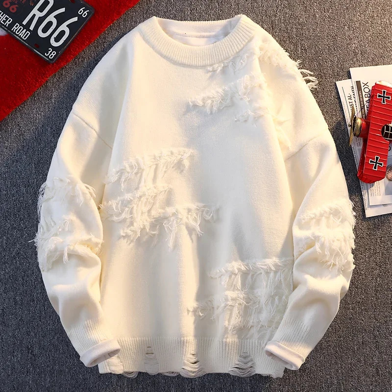 Winter Harajuku Gothic Fashion White Sweater Mens Retro Super Large Zipper Knitted Y2K Street Clothing Hip Hop Hole 241213Z