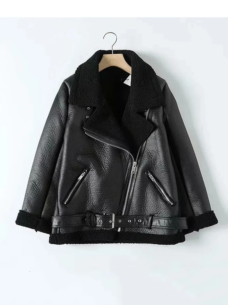 TRAF winter coat womens thick synthetic leather fur sheepskin jacket pilot Casaco Feminino 241211